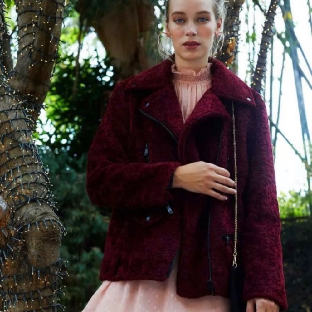 Avec les Filles Burgundy red moto zip up teddy jacket Small S Large L - Picture 2 of 8